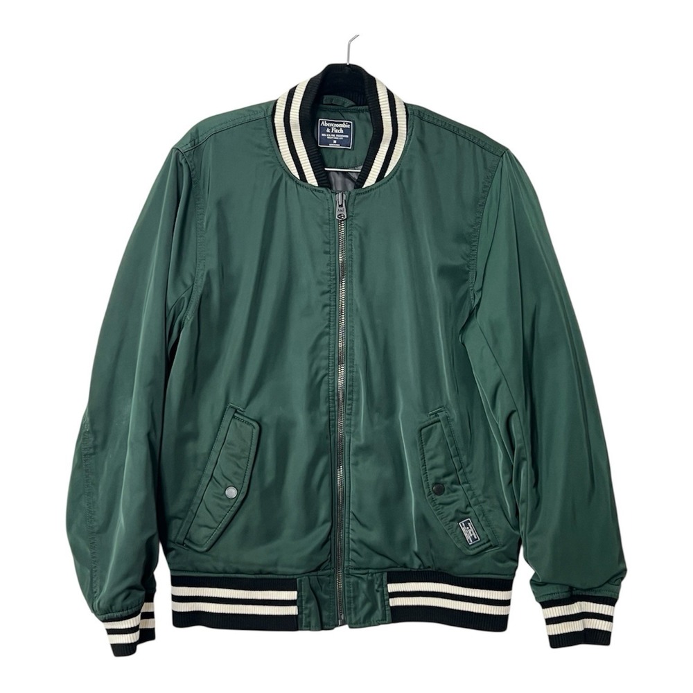 Abercrombie & Fitch Mens Size M Green Varsity Bomber Jacket Ribbed Collar Zip Up